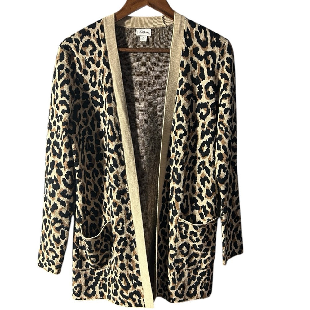 J Crew Factory Womens S Leopard Print Cotton Knit Pockets Longline Open Cardigan